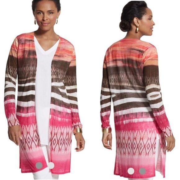 Chico's Tribal Chic Strom Cardigan Size 0 Pink Linen Cotton Open Quarter Sleeve - Picture 1 of 15